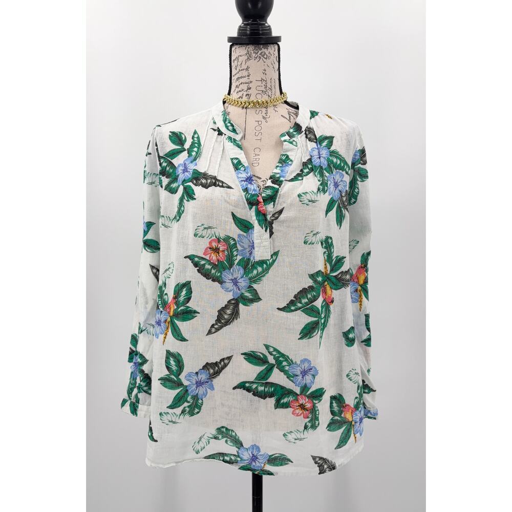B2‎ Old Navy Floral Tropical Linen Blend Shirt Blouse Womens Large Gauzy V neck